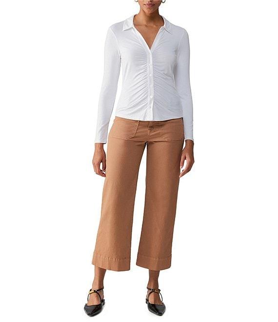 Sanctuary Dreamgirl Long Sleeve Point Collar Ruched Button Front Knit Top Product Image