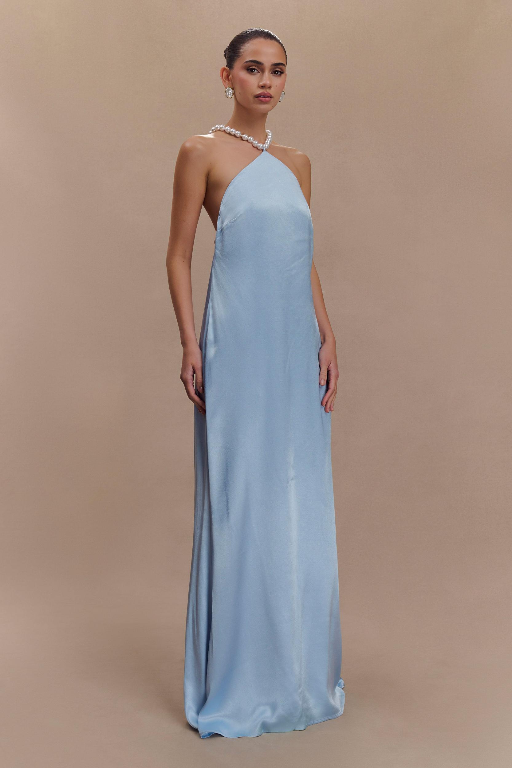 Blanche Satin Pearl Halter Maxi Dress - Cornflower Blue Product Image