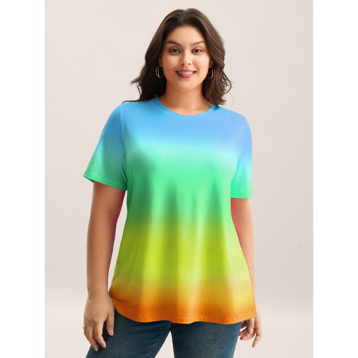 Plus Size Ombre Gradient Crew Neck Curvy T-Shirt Cerulean Women Playful Non Round Neck Casual T-shirts BloomChic 28/5X Product Image