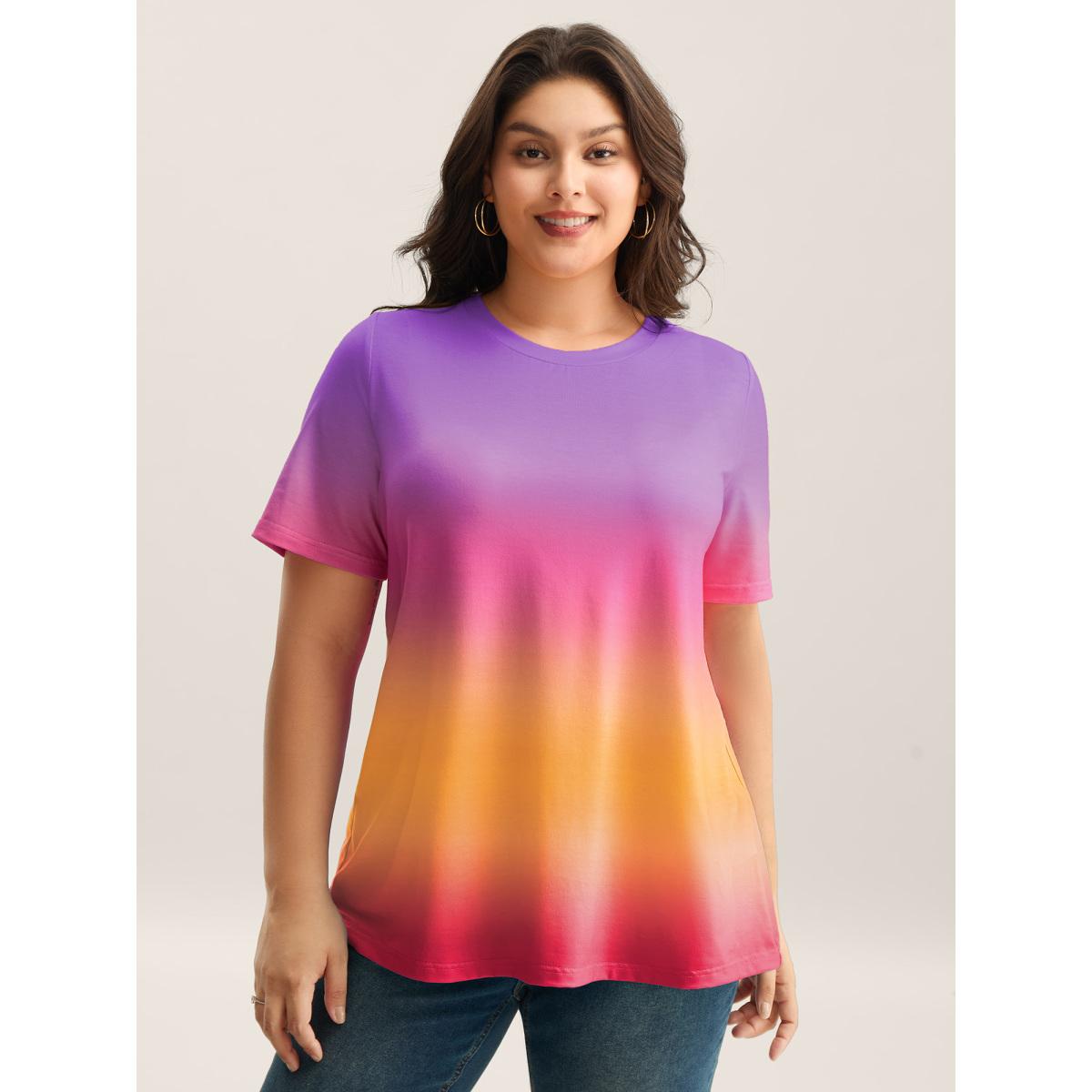 Plus Size Ombre Gradient Crew Neck Curvy T-Shirt Mauve Women Playful Non Round Neck Casual T-shirts BloomChic 22-24/3X Product Image
