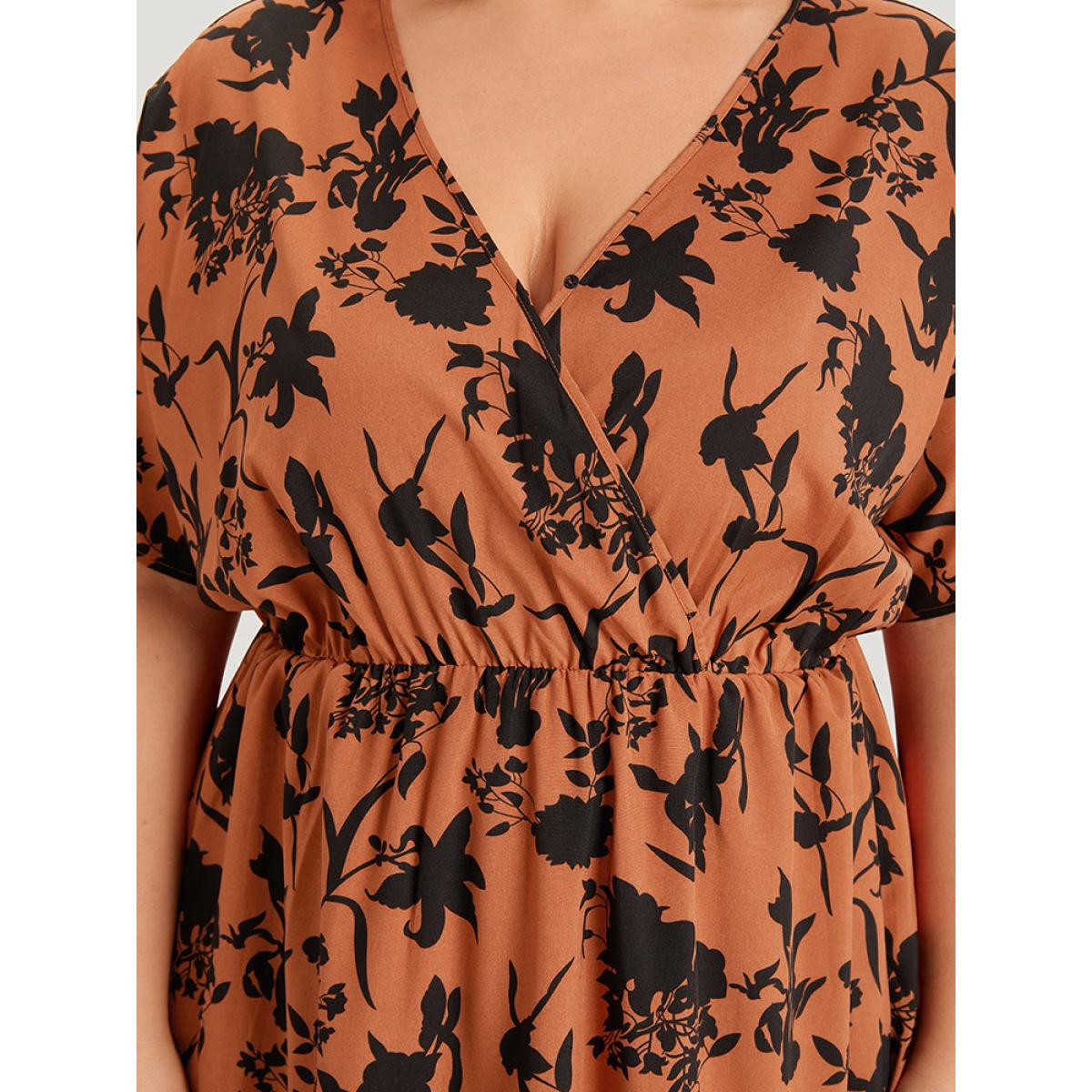 Plus Size Silhouette Floral Print Surplice Neck Elastic Waist Dress Chocolate Women Elegant Wrap V-neck Short sleeve Curvy Midi Dress BloomChic 10/M Product Image
