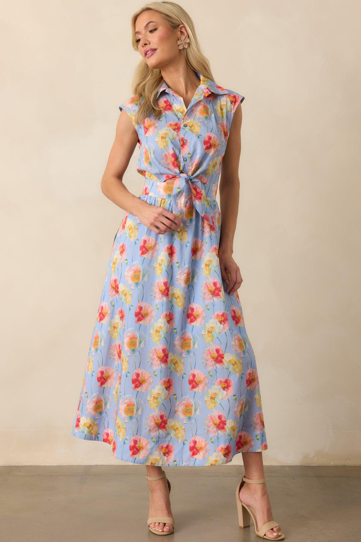 Only The Best Periwinkle Floral Print Cotton Tie Front Maxi Dress Product Image