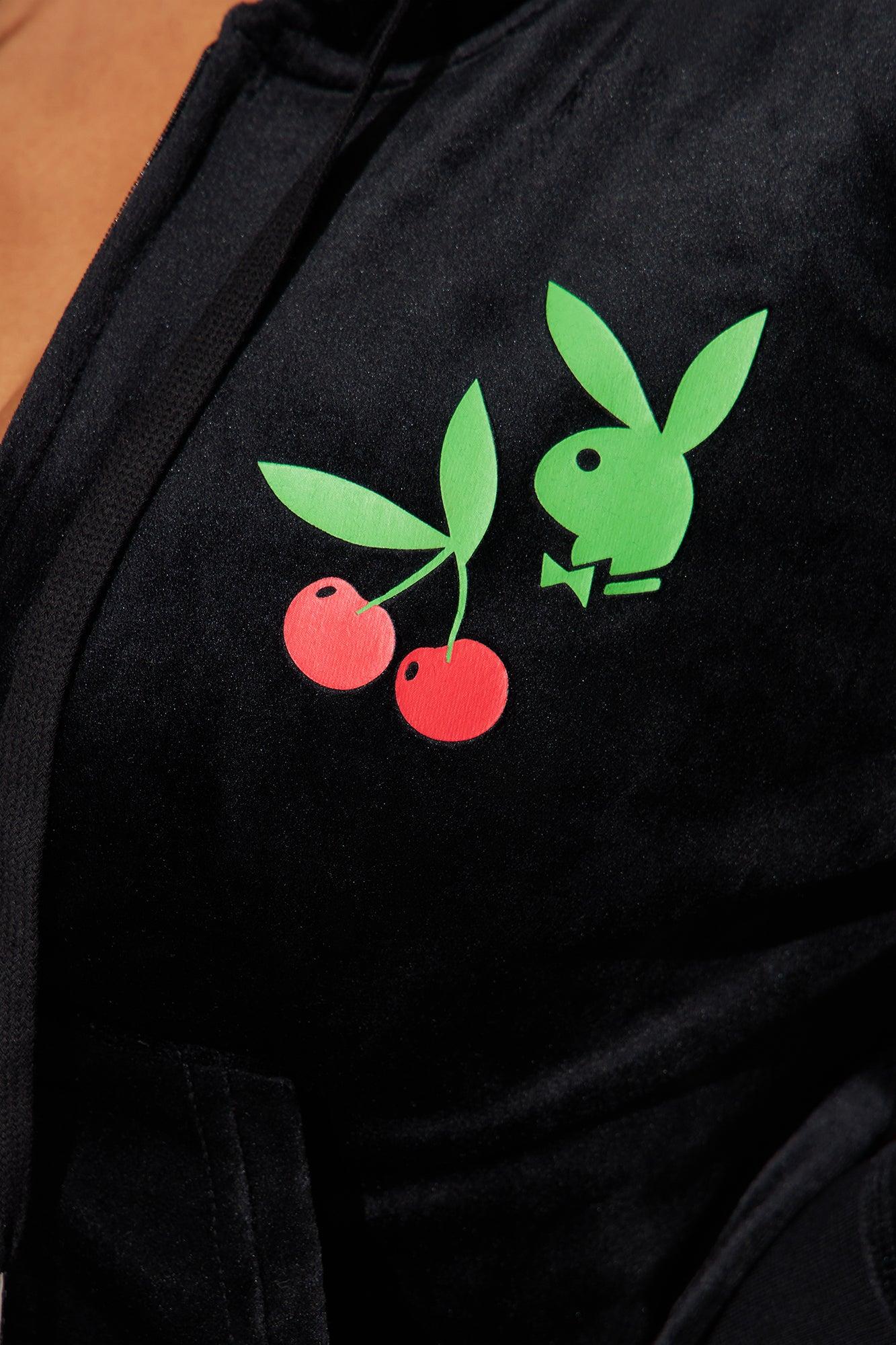 Playboy Cherry Velour Zip Up Hoodie - Black Product Image