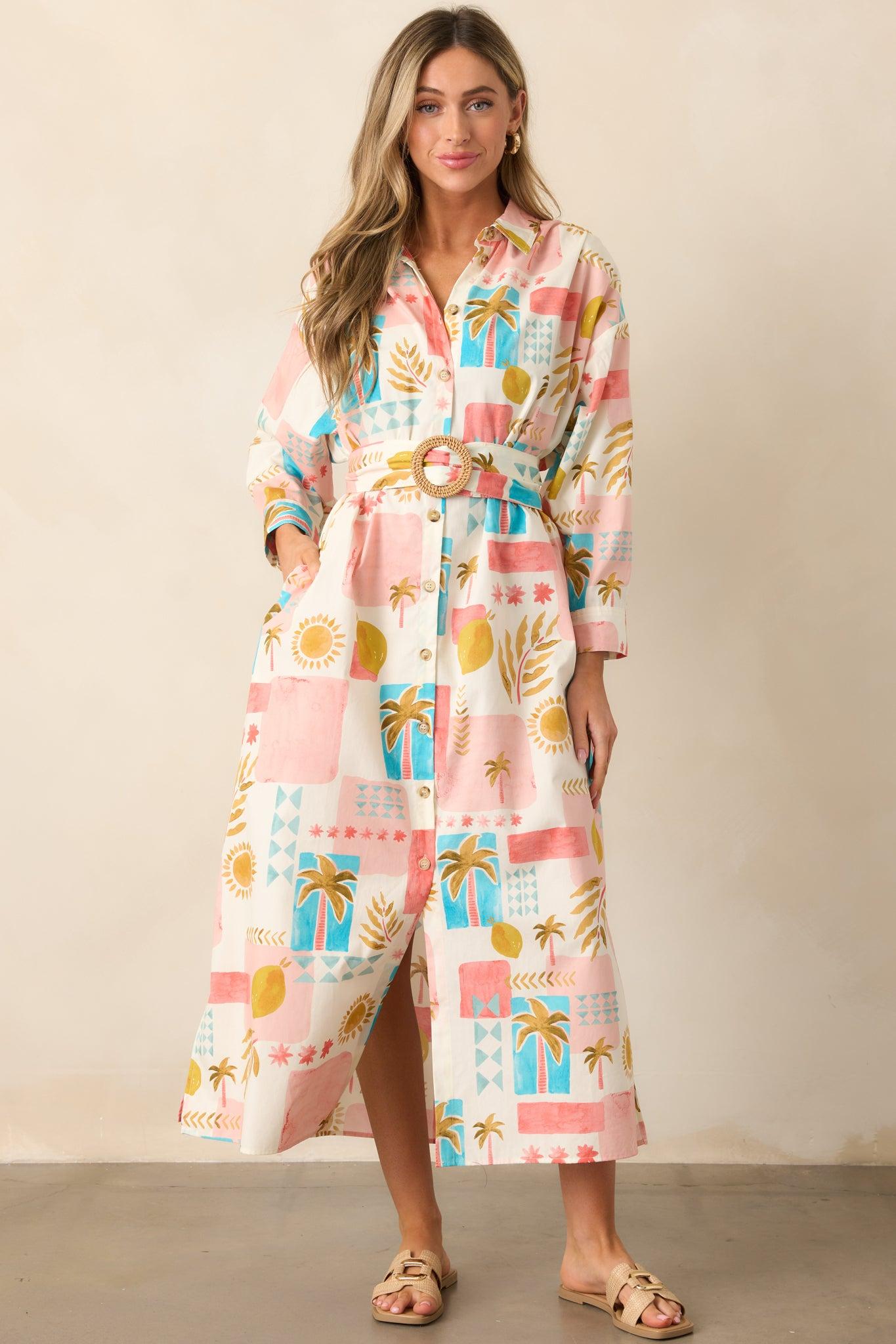 Palms & Paradise Pink Multi Tropical Print Button Front Maxi Dress Product Image