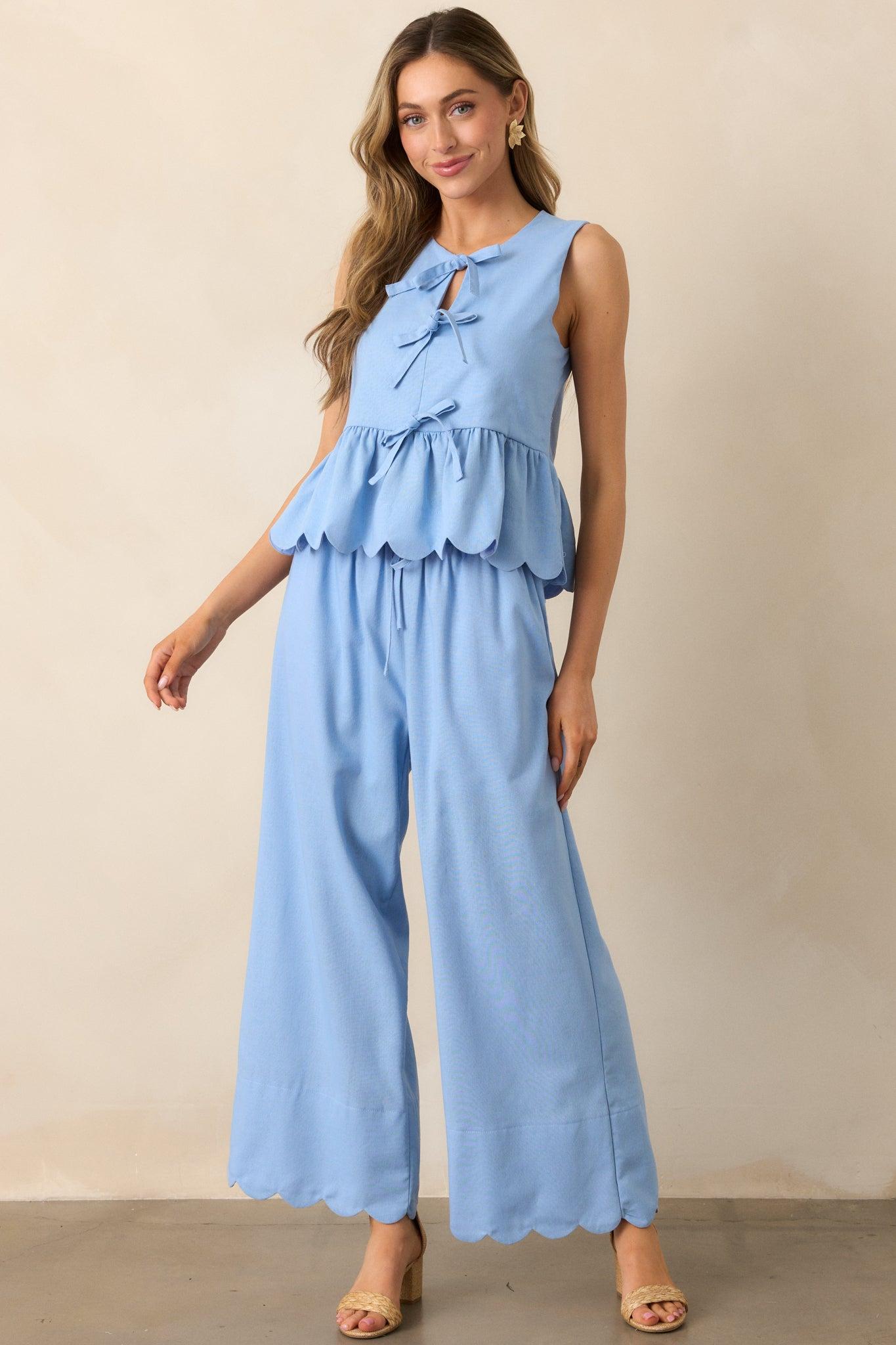 Weekend Getaway Light Blue Scalloped Hem Pants Product Image