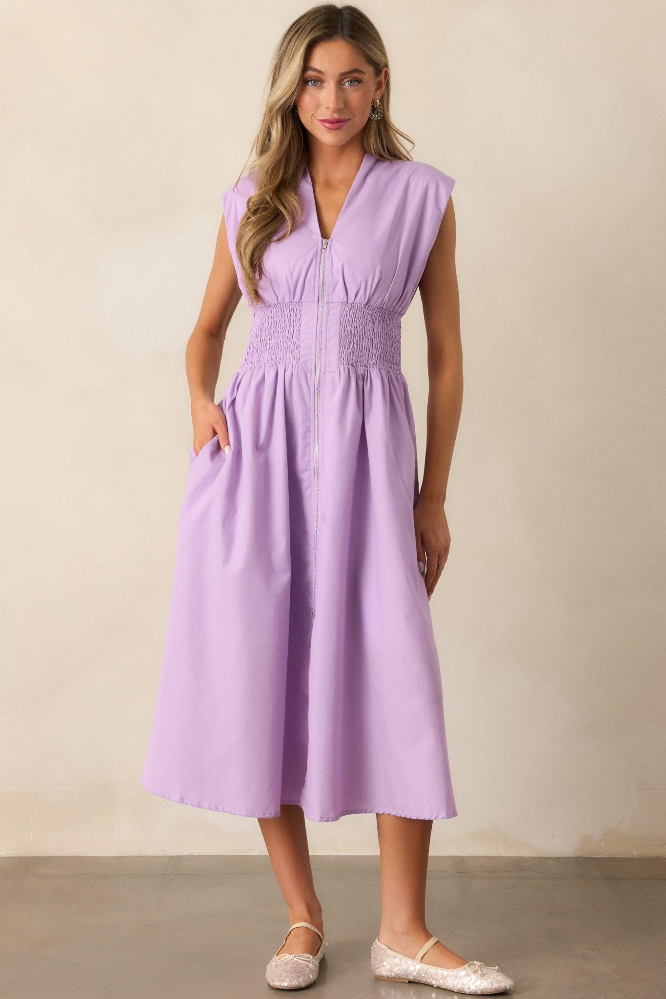 The Evette Lavender Zip Front Midi Dress Product Image