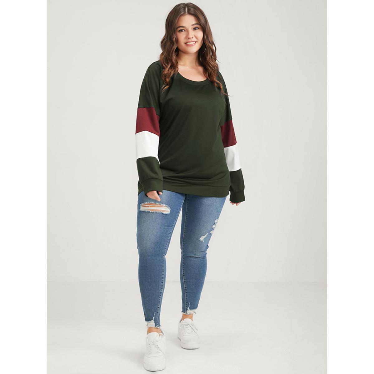 Plus Size Colorblock Patchwork Round Neck Drop Shoulder Sweatshirt Women ArmyGreen Casual Contrast Round Neck Dailywear Sweatshirts BloomChic 18-20/2X Product Image