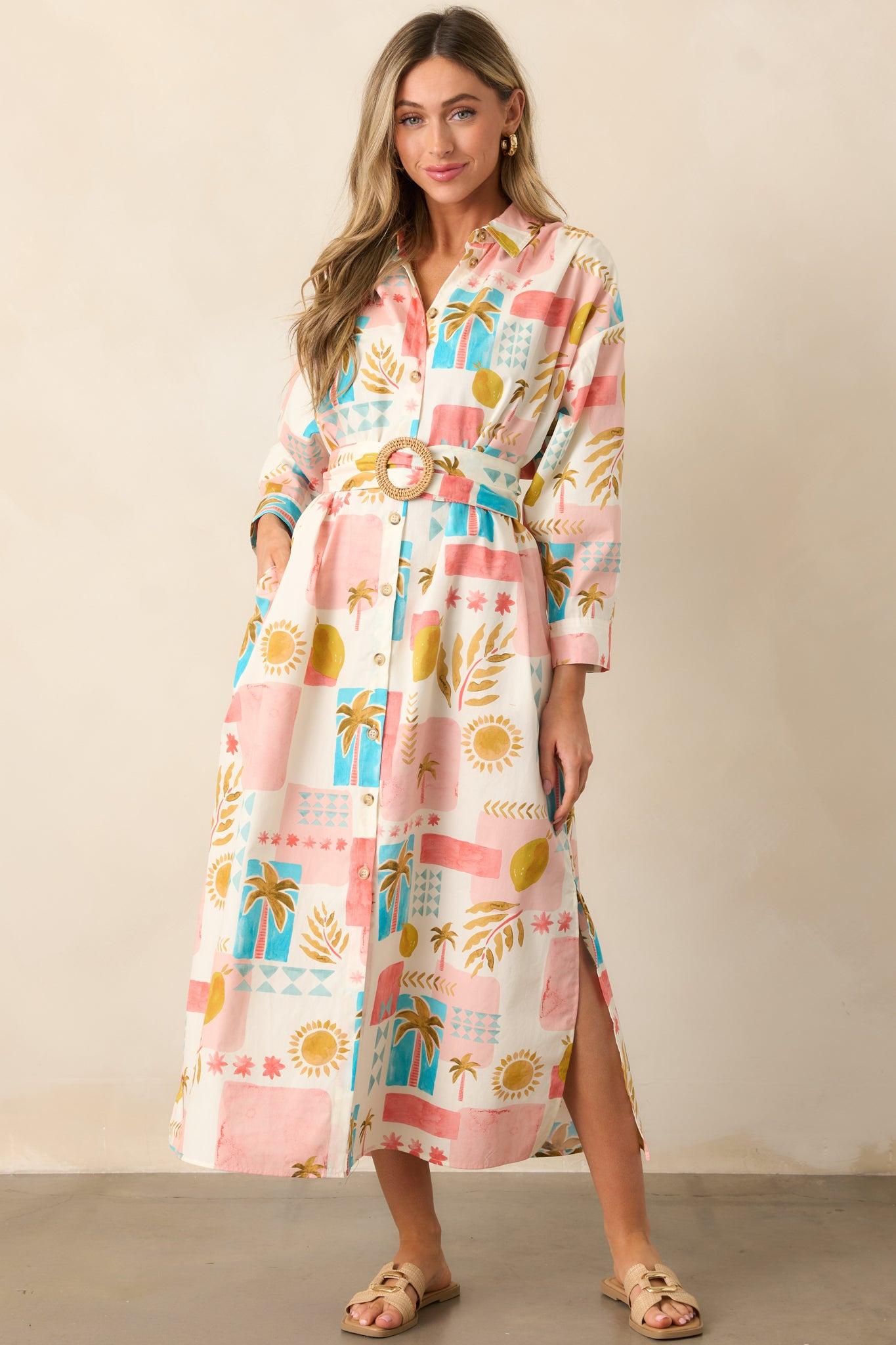 Palms & Paradise Pink Multi Tropical Print Button Front Maxi Dress Product Image