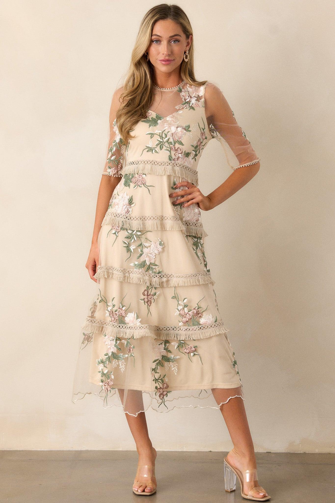Honestly Love You Beige Floral Midi Dress Product Image