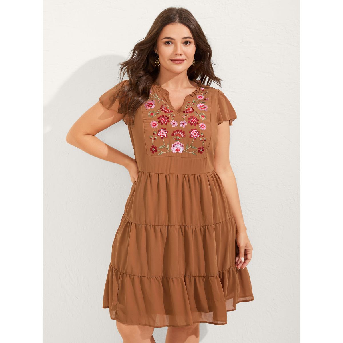 Plus Size Chiffon Floral Embroidered Tiered Midi Dress Bronze Women Boho Embroidered Notched collar Cap Sleeve Curvy BloomChic 10/M Product Image