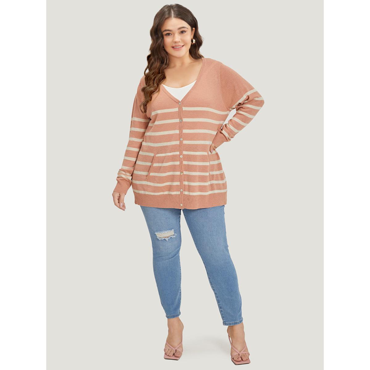 Plus Size Supersoft Essentials Striped Pocket Button Through Cardigan Crepe Women Leisure Loose Long Sleeve Casual Cardigans BloomChic 22-24/3X Product Image