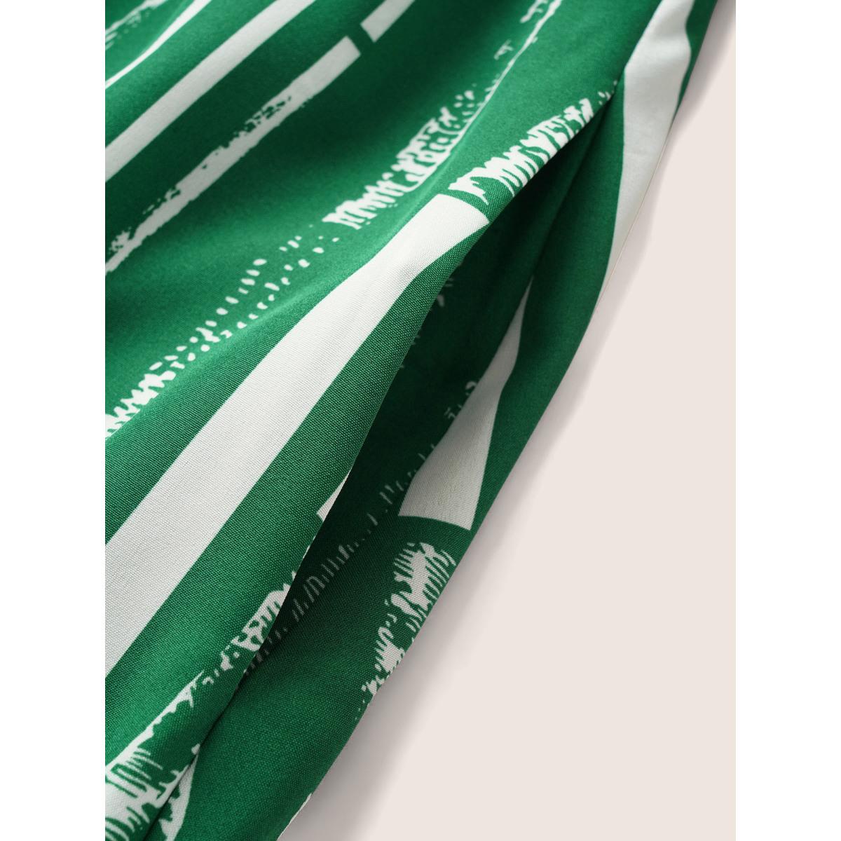 Plus Size Geometric Shirt Collar Tab Sleeve Belted Dress DarkGreen Women At the Office Belted Shirt collar Elbow-length sleeve Curvy Midi Dress BloomChic 18-20/2X Product Image