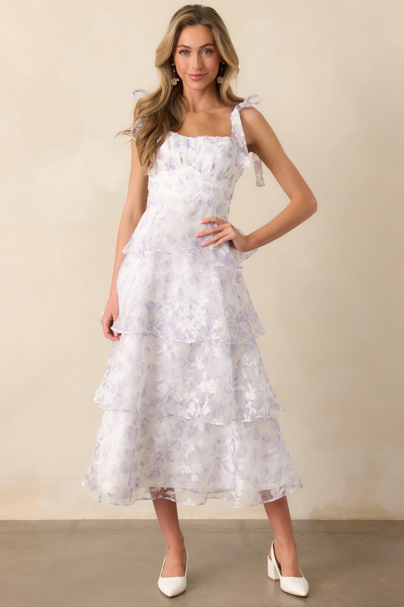 Living In Wonderland Lavender Tulip Floral Midi Dress Product Image