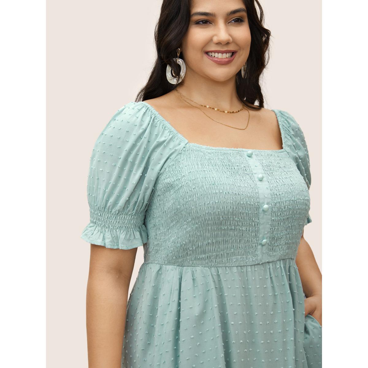 Plus Size Supersoft Essentials Solid Puff Sleeve Shirred Dress Turquoise Women Elegant Texture Square Neck Short sleeve Curvy BloomChic 12/L Product Image