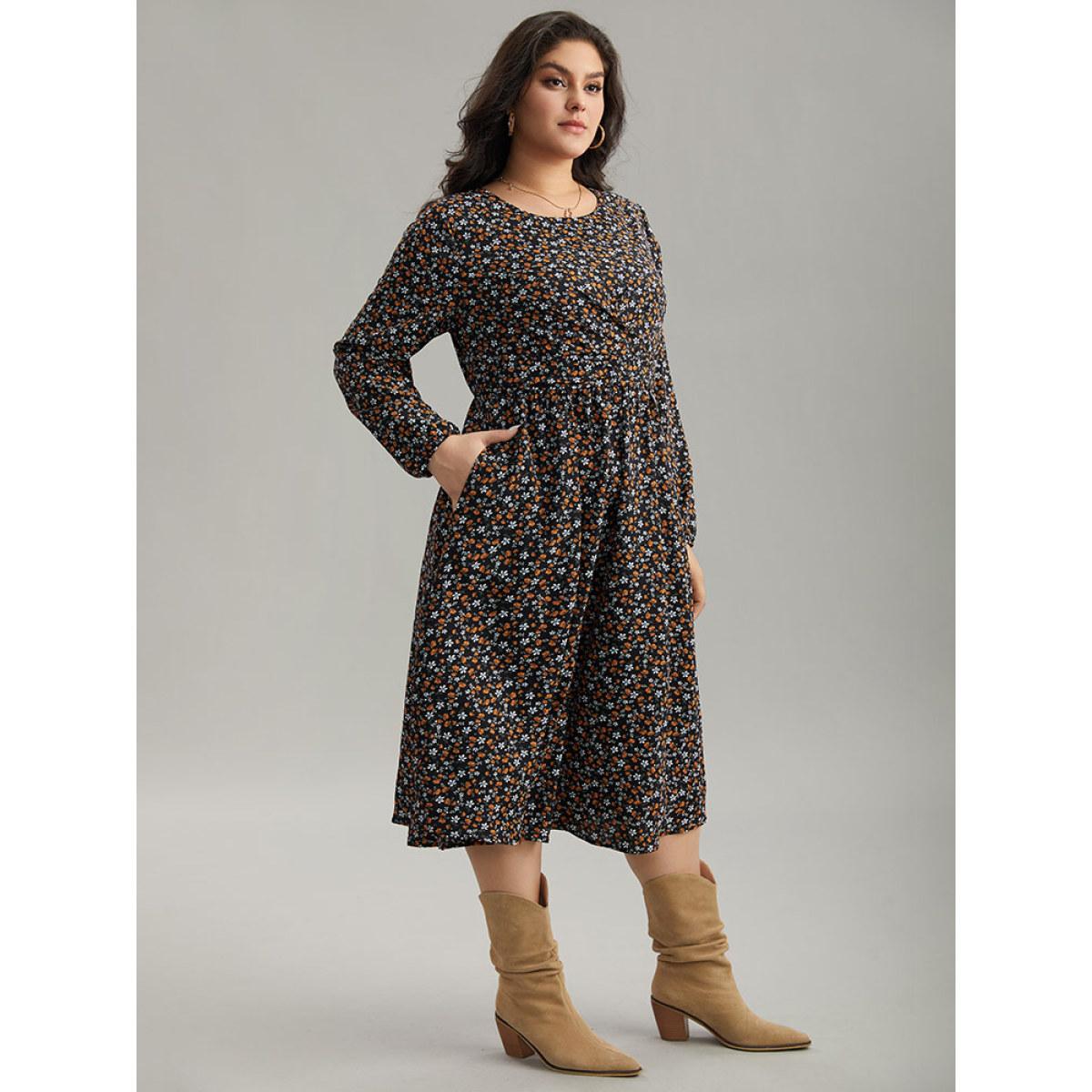 Plus Size Ditsy Floral Pocket Lantern Sleeve Knee Dress Black Women Elegant Elastic cuffs Round Neck Long Sleeve Curvy Midi Dress BloomChic 14-16/1X Product Image
