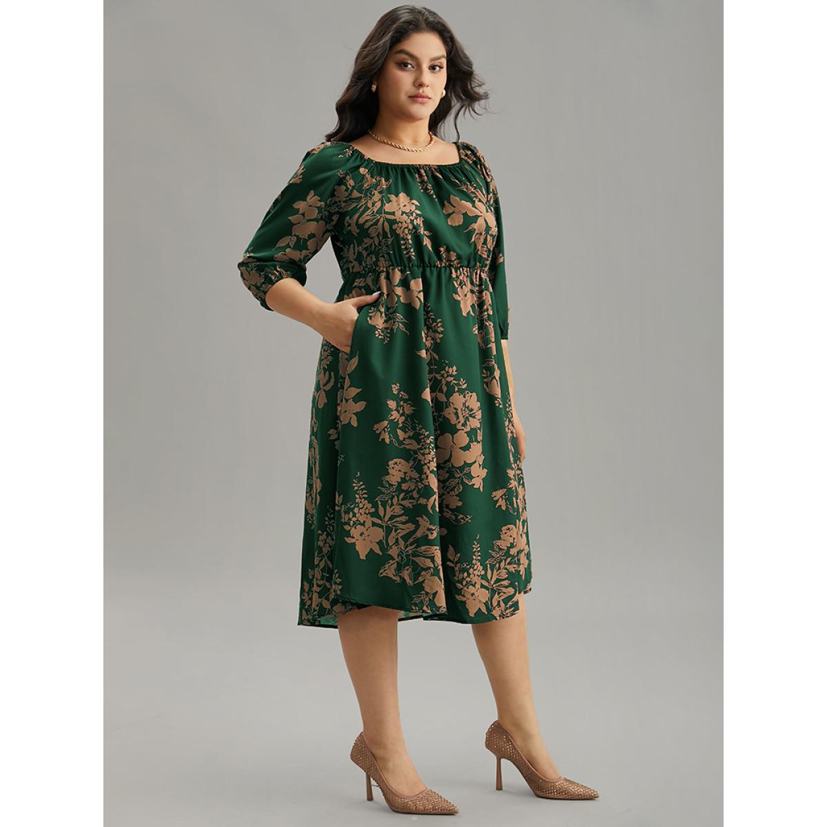 Plus Size Silhouette Floral Print Elastic Cuffs Dress DarkGreen Women Timeless Elastic cuffs Square Neck Elbow-length sleeve Curvy Midi Dress BloomChic 30/6X Product Image