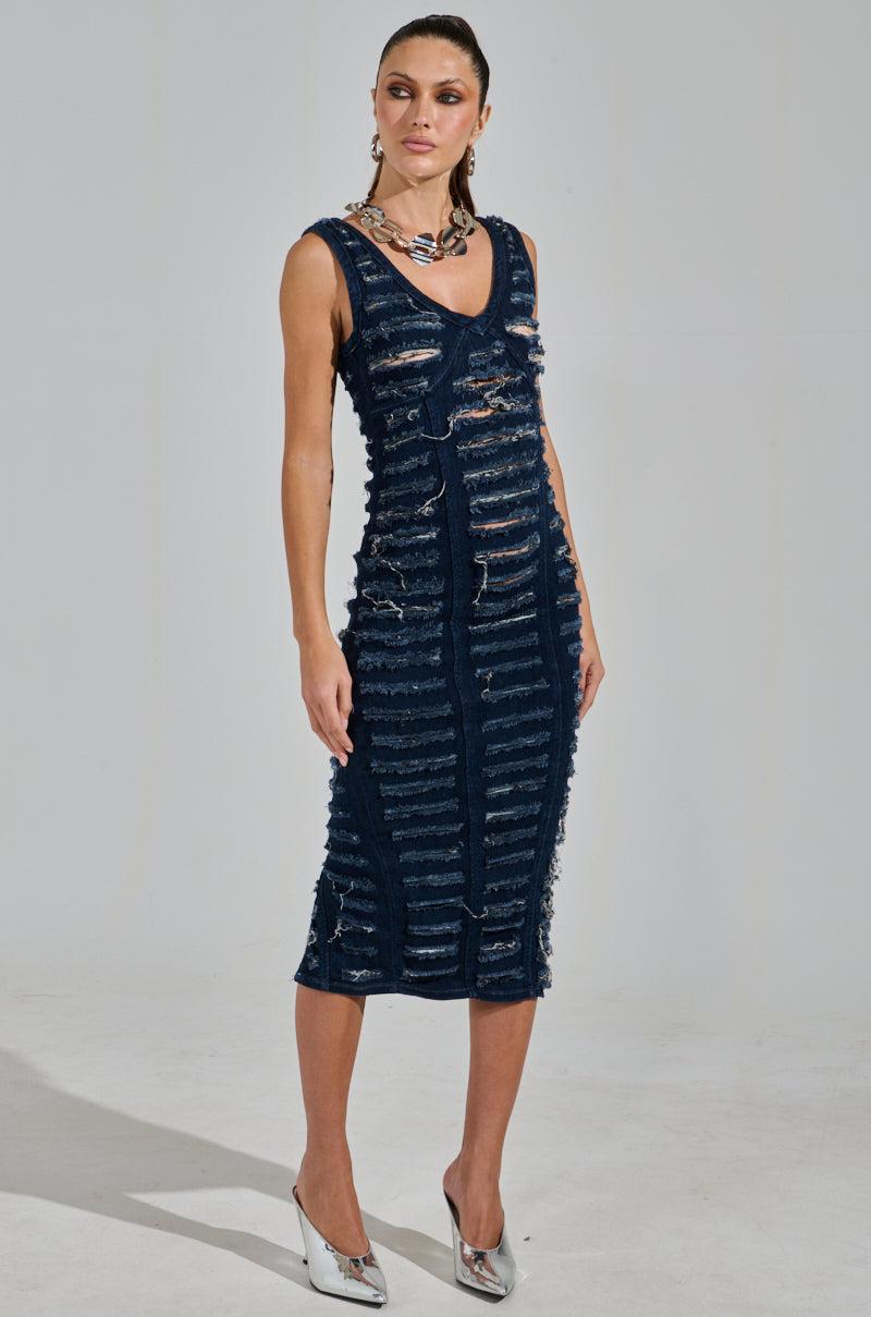 SHE'S GOT IT SHREDDED DENIM MIDI DRESS IN DARK BLUE Product Image