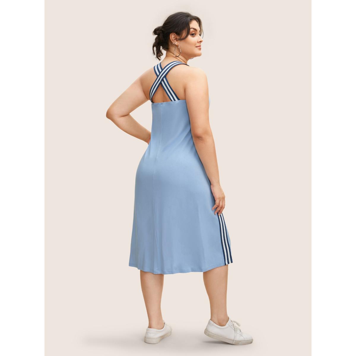 Plus Size Square Neck Striped Patchwork Midi Dress LightBlue Women Casual Woven ribbon&lace trim Square Neck Sleeveless Curvy BloomChic 28/5X Product Image