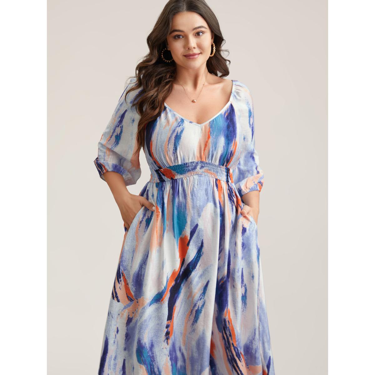 Plus Size Abstract Print Waist-Cinched Split Hem Maxi Dress Multicolor Women Romantic Gathered Heart neckline Elbow-length sleeve Curvy BloomChic 12/L Product Image