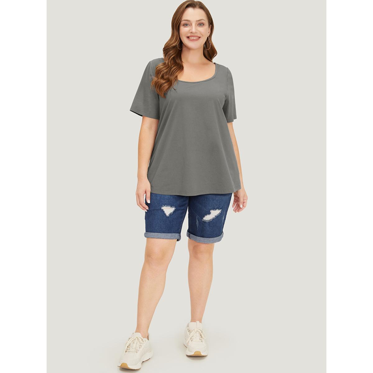 Plus Size UltraCool Plain Short Sleeve Scoop Neck T-shirt DimGray Women Basics Plain Scoop Neck Dailywear T-shirts BloomChic 10/M Product Image