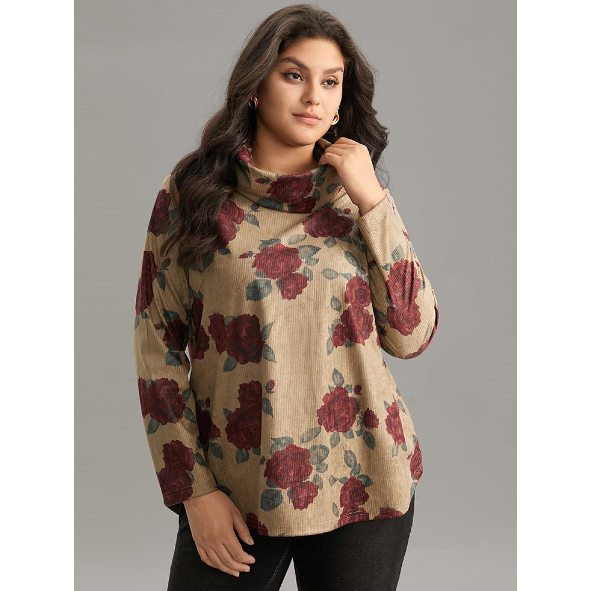 Plus Size Rose Print Textured Turtleneck T-shirt LightBrown Women Elegant Texture Floral Turtleneck Everyday T-shirts BloomChic 28/5X Product Image