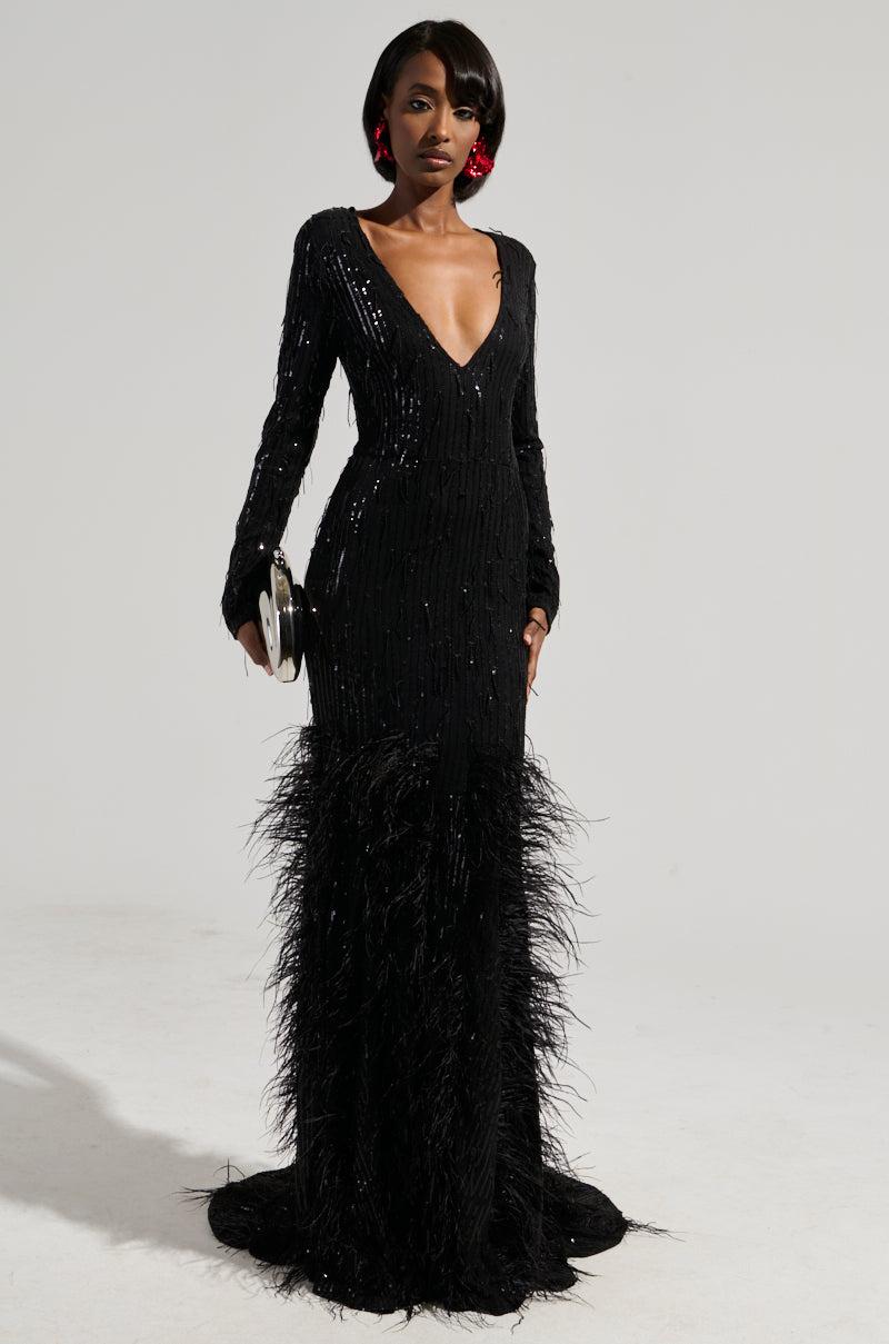 YOURS TRULY FEATHER SEQUIN EMBELLISHED MAXI DRESS Product Image