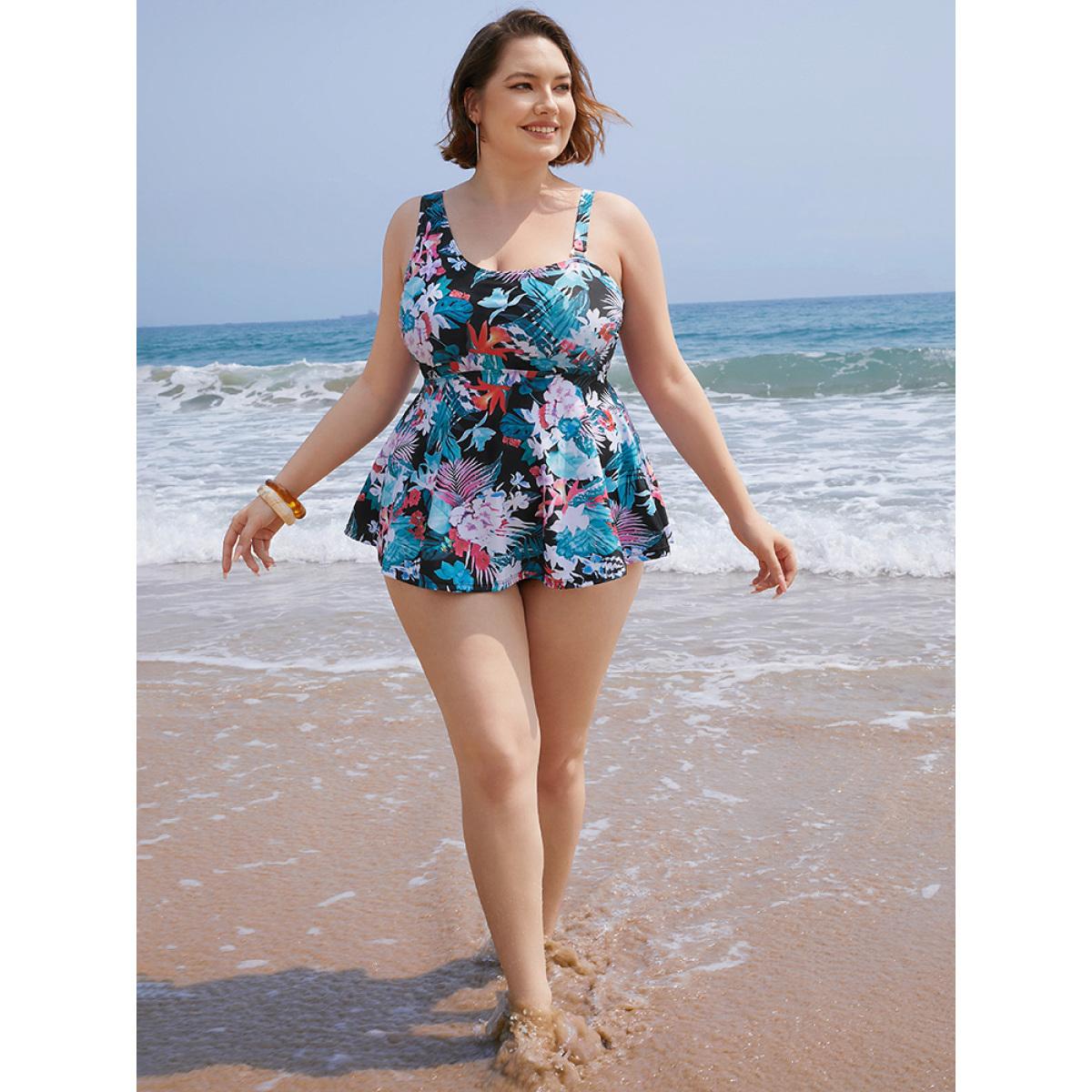 Plus Size Floral Printed Asymmetrical Ruffles Hem Tankini Top Women's Swimwear BlackFlower Vacation Adjustable Straps High stretch Bodycon Asymmetrical Neck Curve Swim Tops BloomChic 10/M Product Image