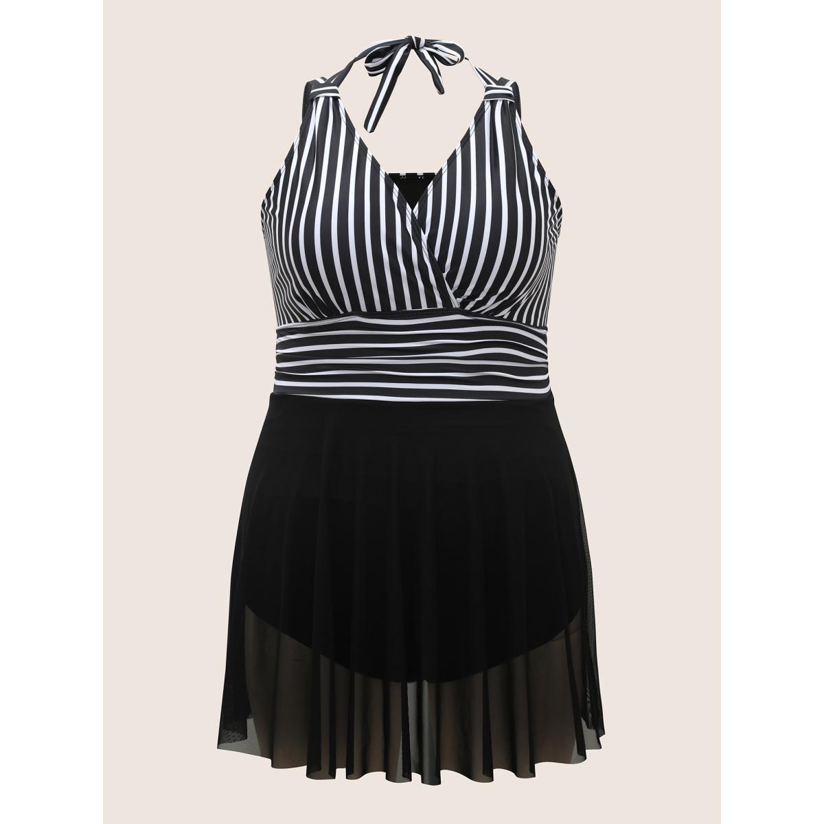 Plus Size Striped Patchwork Mesh Tie Knot Swim Dress Women's Swimwear Black Beach Bodycon Overlap Collar High stretch Curve Swim Dresses BloomChic 30/6X Product Image