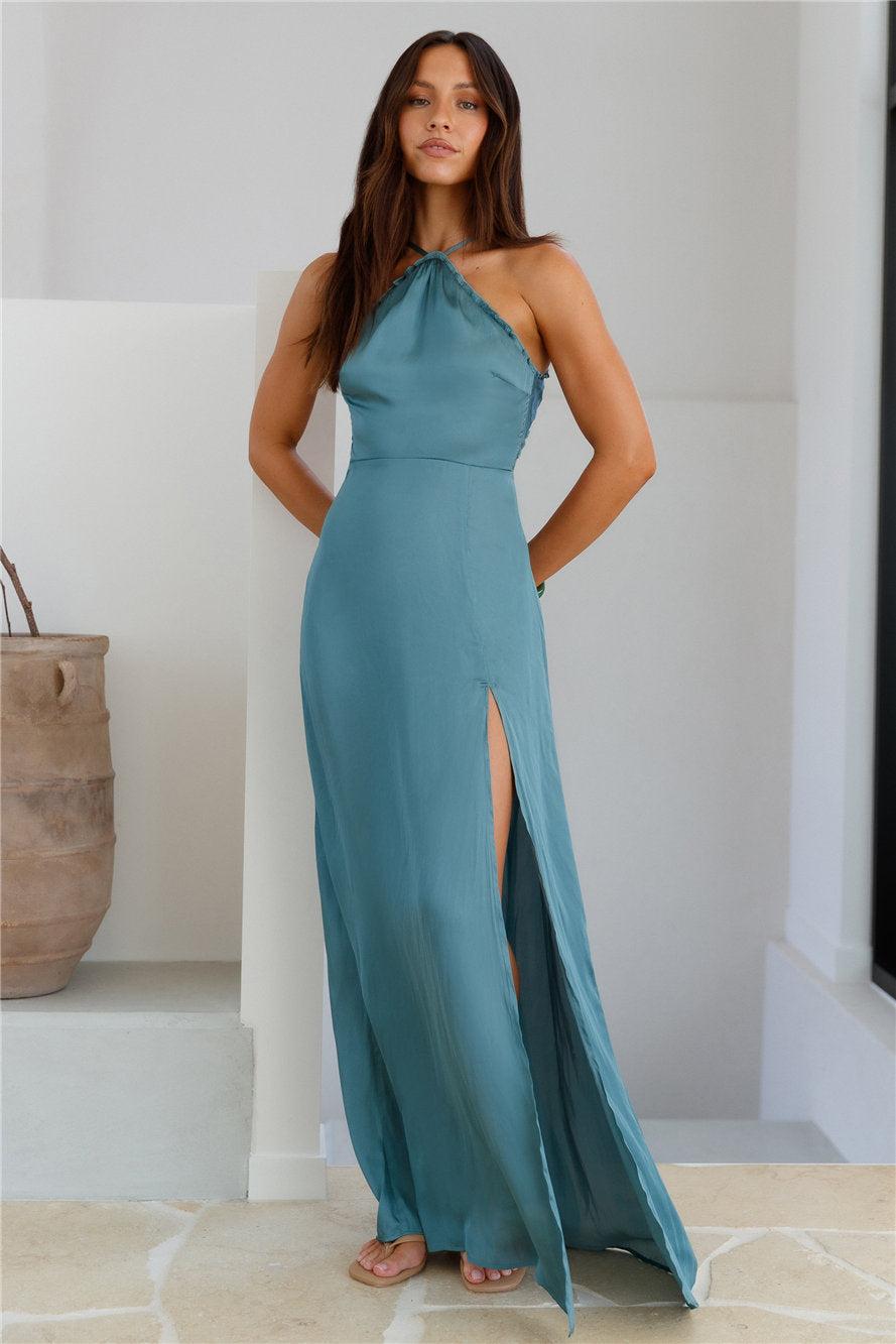 Soiree Style Satin Maxi Dress Sage Product Image