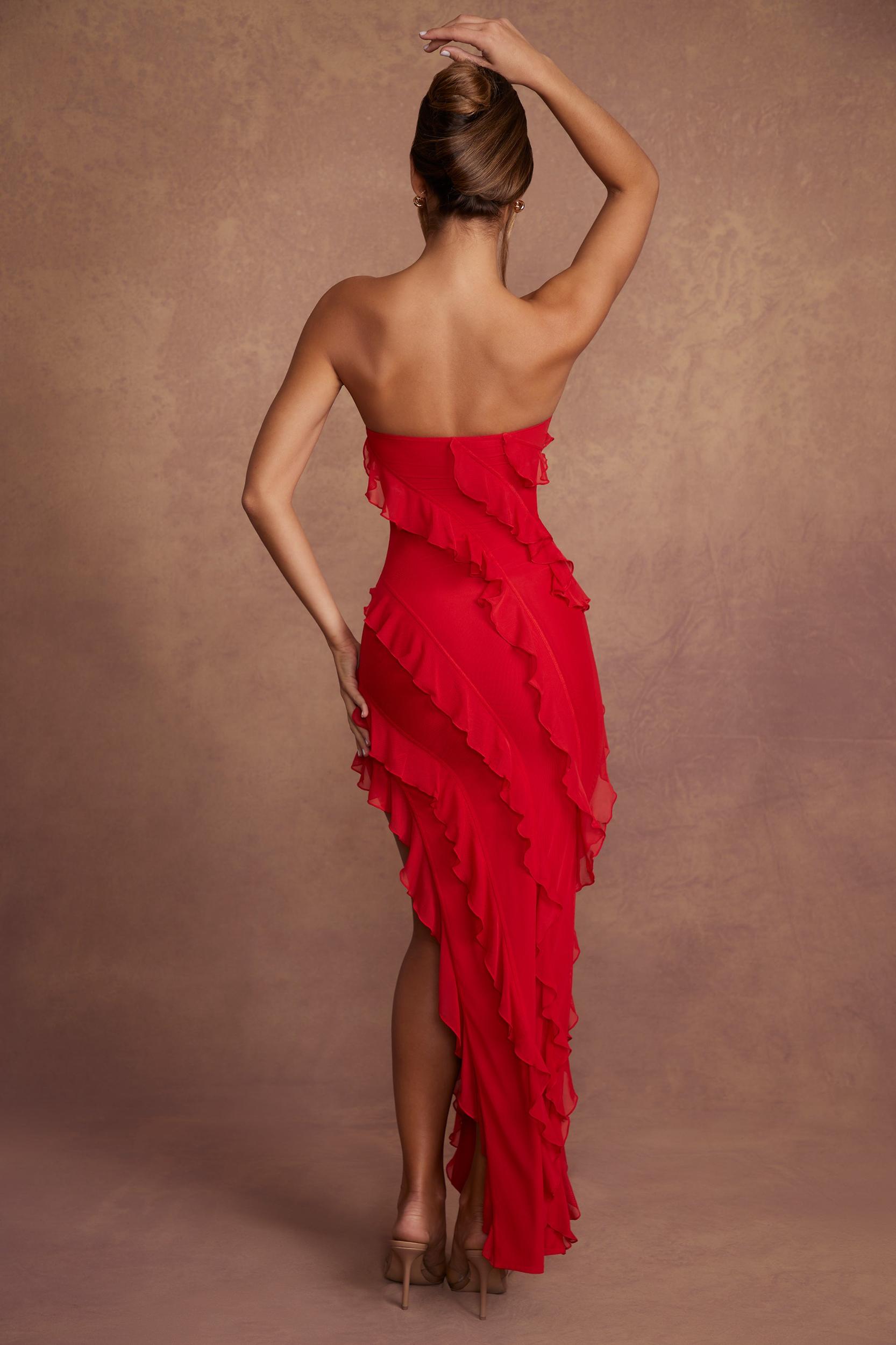 Bandeau Ruffle Detail Maxi Dress in Red Product Image