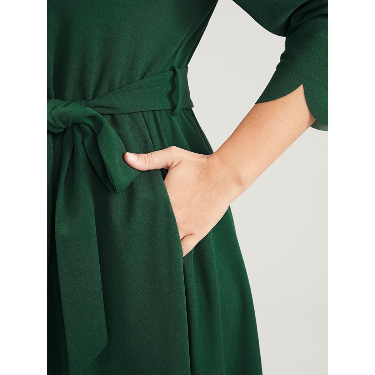 Plus Size Solid Pocket Scalloped Trim Belted Midi Dress Green Women Elegant Pocket Round Neck Elbow-length sleeve Curvy Midi Dress BloomChic 14-16/1X Product Image