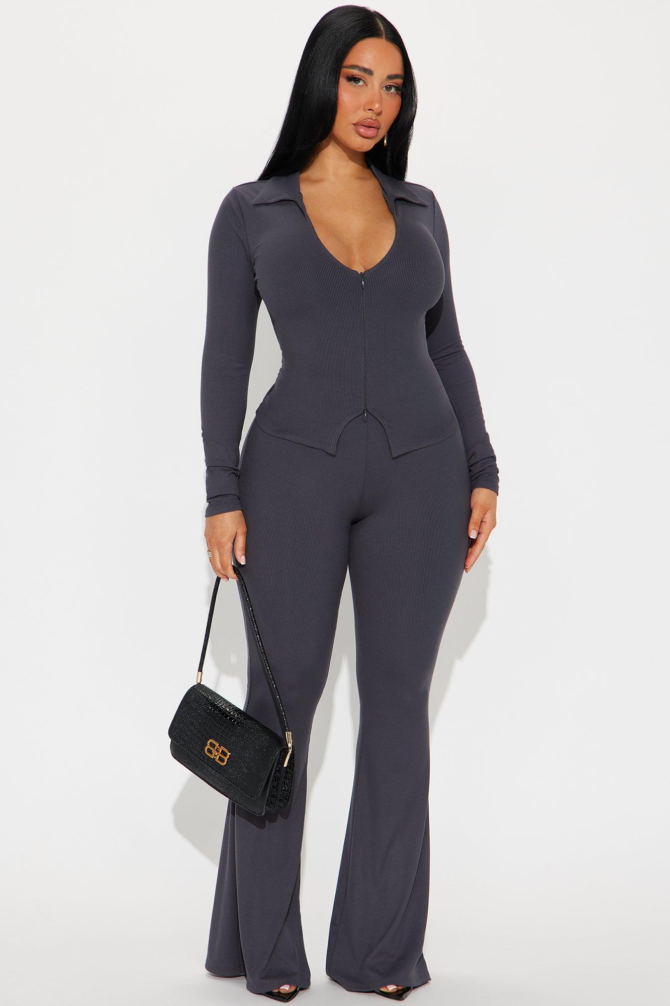 Marlen Ribbed Pant Set - Charcoal Product Image