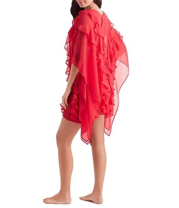 Mimi Flamingo Paradise Chiffon Breeze V-Neck Flutter Sleeves Ruffle Poncho Swim Cover-Up Product Image