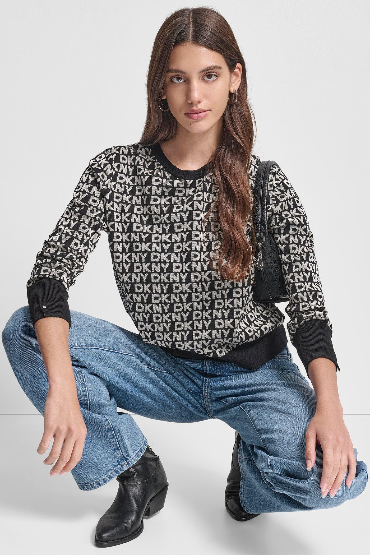 LONG SLEEVE CREW NECK LOGO SWEATER WITH CUFF SLIT Product Image