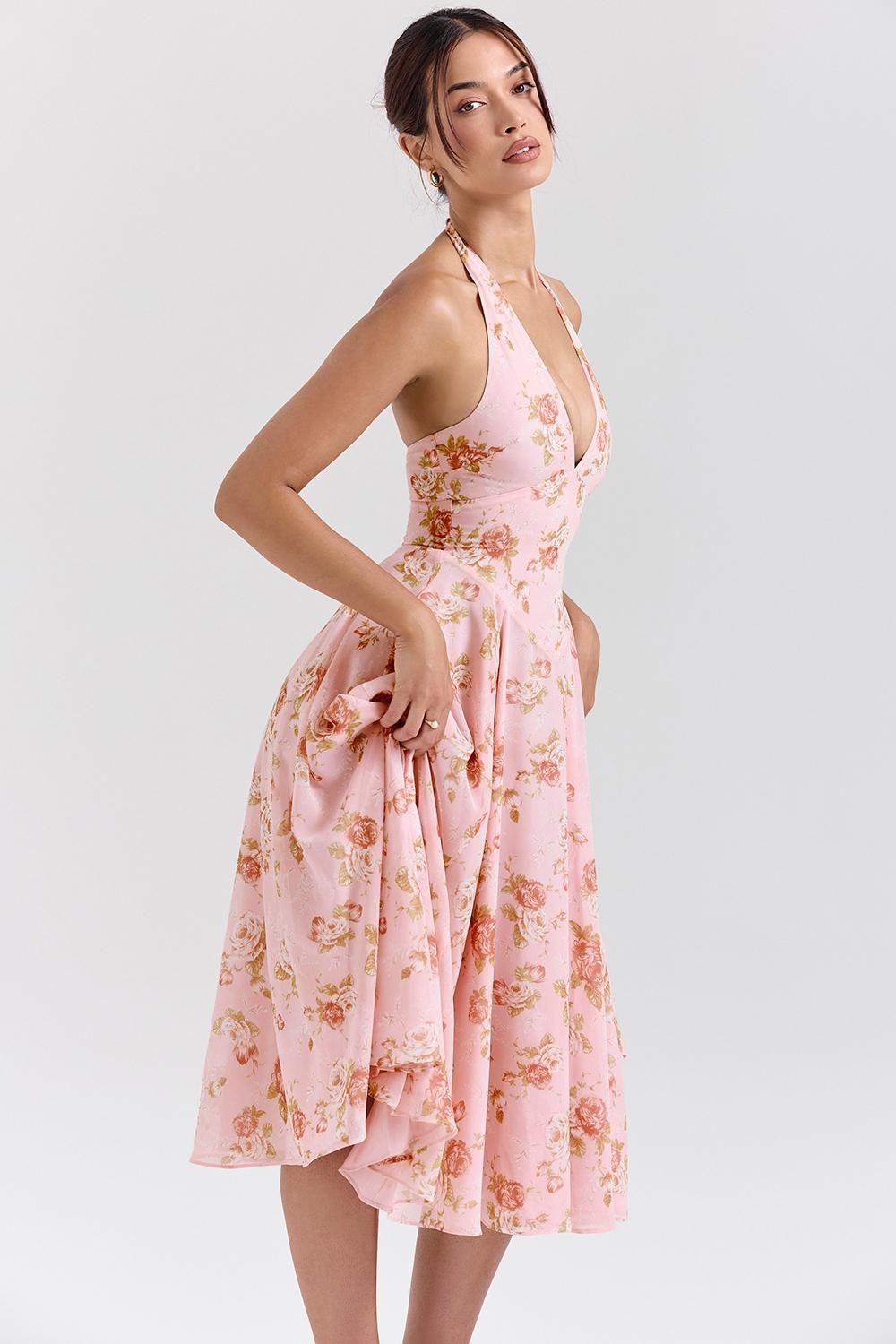Solada  english vintage rose print georgette halter sundress Product Image