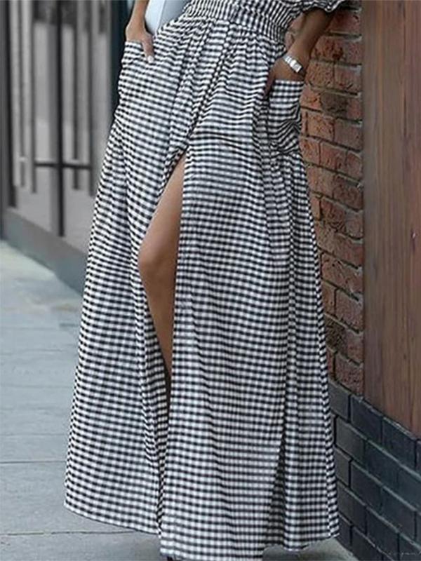Loose Ruffle Sleeves Buttoned Plaid Pockets Lapel Maxi Dresses Shirt Dress Product Image