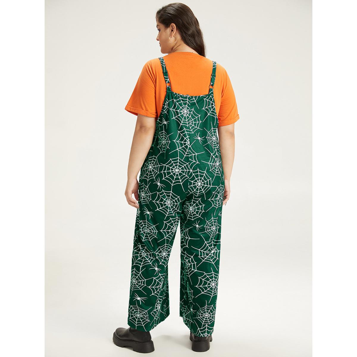 Plus Size DarkGreen Halloween Spider Web Print Pocket Overall Cami Jumpsuit Women Casual Sleeveless Spaghetti Strap Festival-Halloween Loose Jumpsuits BloomChic 22-24/3X Product Image