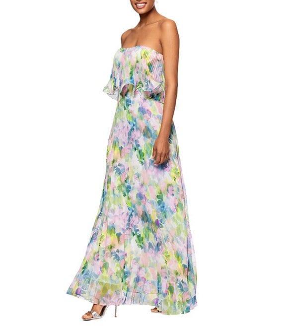 Betsy & Adam Pleated Chiffon Floral Print Strapless Neck Sleeveless Ruffle Gown Product Image