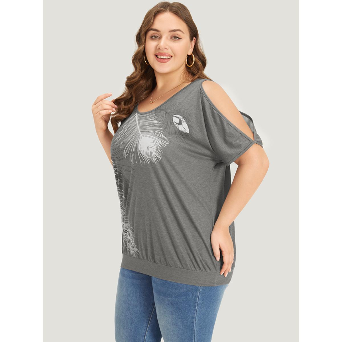 Plus Size Feather Print Cold Shoulder Crew Neck T-shirt Gray Women Elegant Printed Feather Round Neck Dailywear T-shirts BloomChic 30/6X Product Image