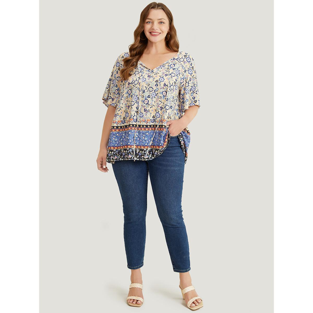 Plus Size Multicolor Bandana Printed Ties Front Ruffle Sleeve Blouse Women Vacation Short sleeve Tie Neck Dailywear Blouses BloomChic 10/M Product Image