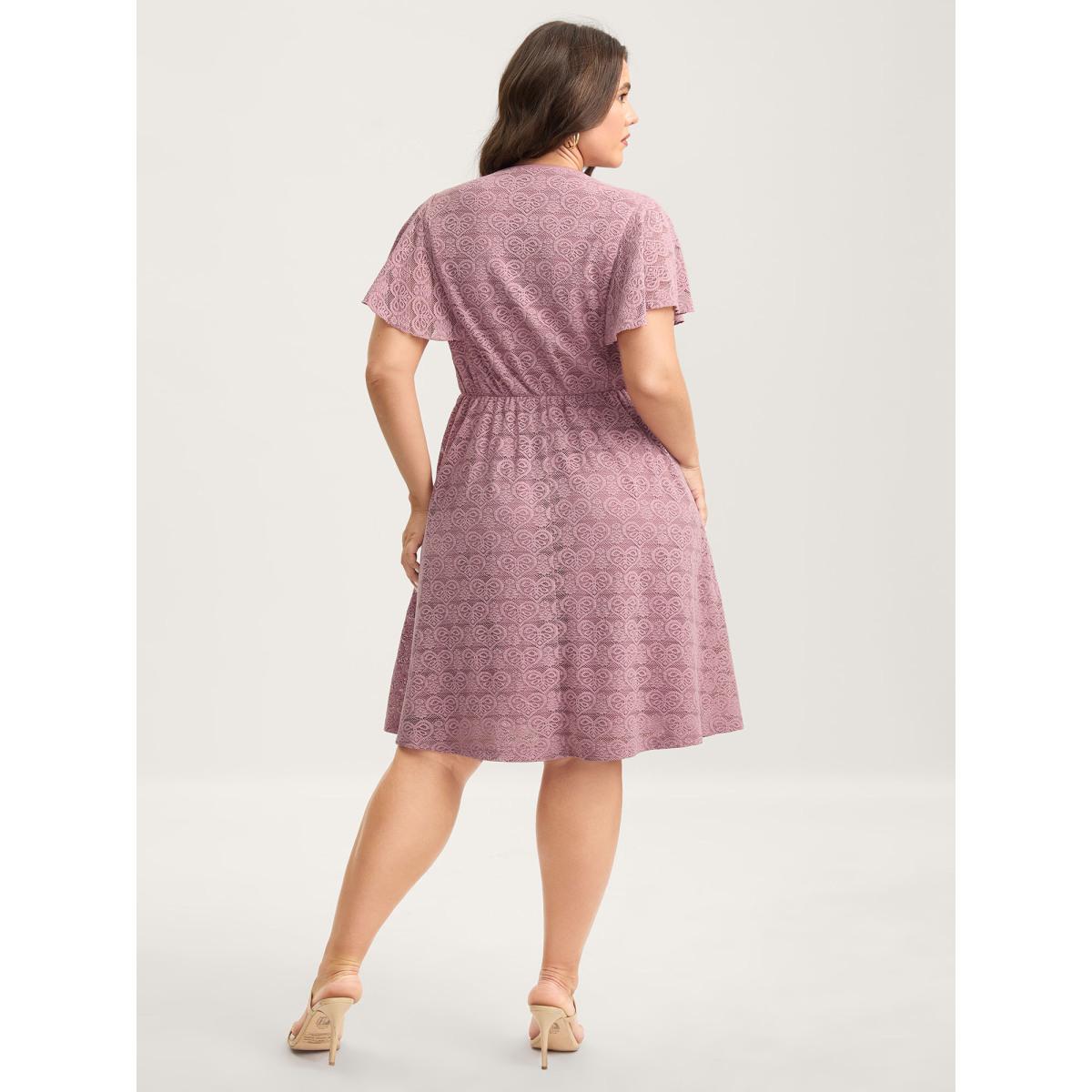 Plus Size Lace Elegance Ruffled Stretchy-Waist Midi Dress Rouge Women V-neck Cap Sleeve Curvy BloomChic 28/5X Product Image