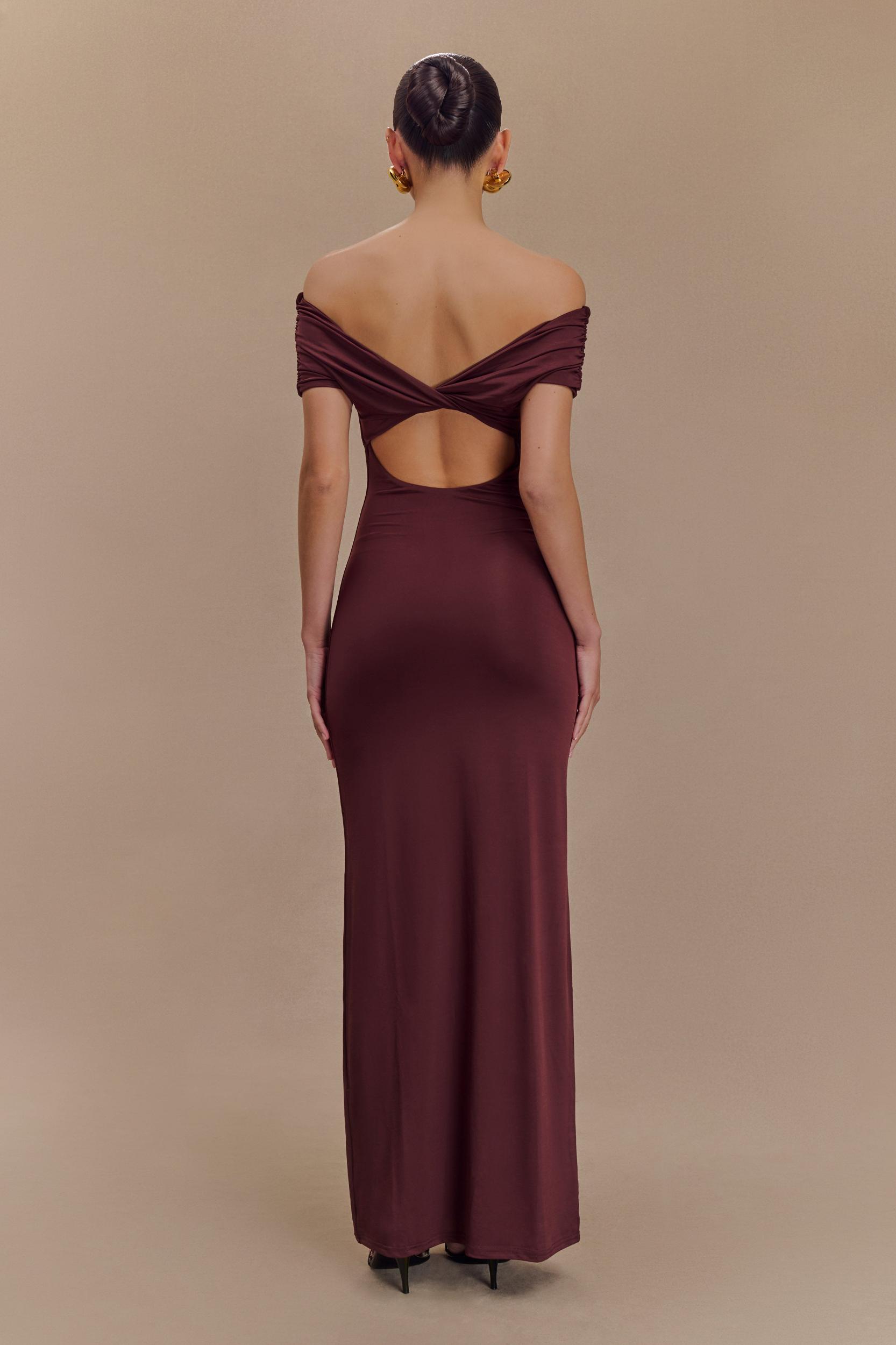 Imogen Off Shoulder Slinky Maxi Dress - Mahogany Product Image