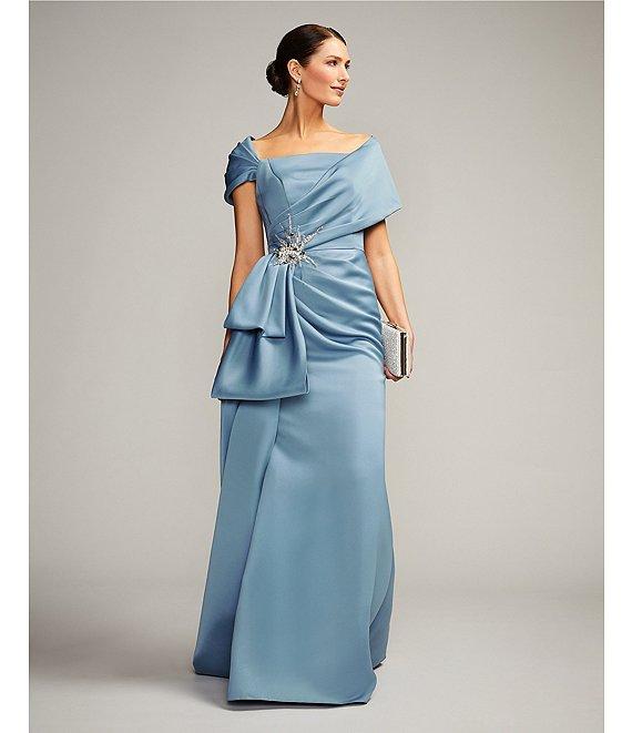 Terani Couture Satin Off The Shoulder Neck Short Sleeve Front Rhinestone Drape Gown Product Image