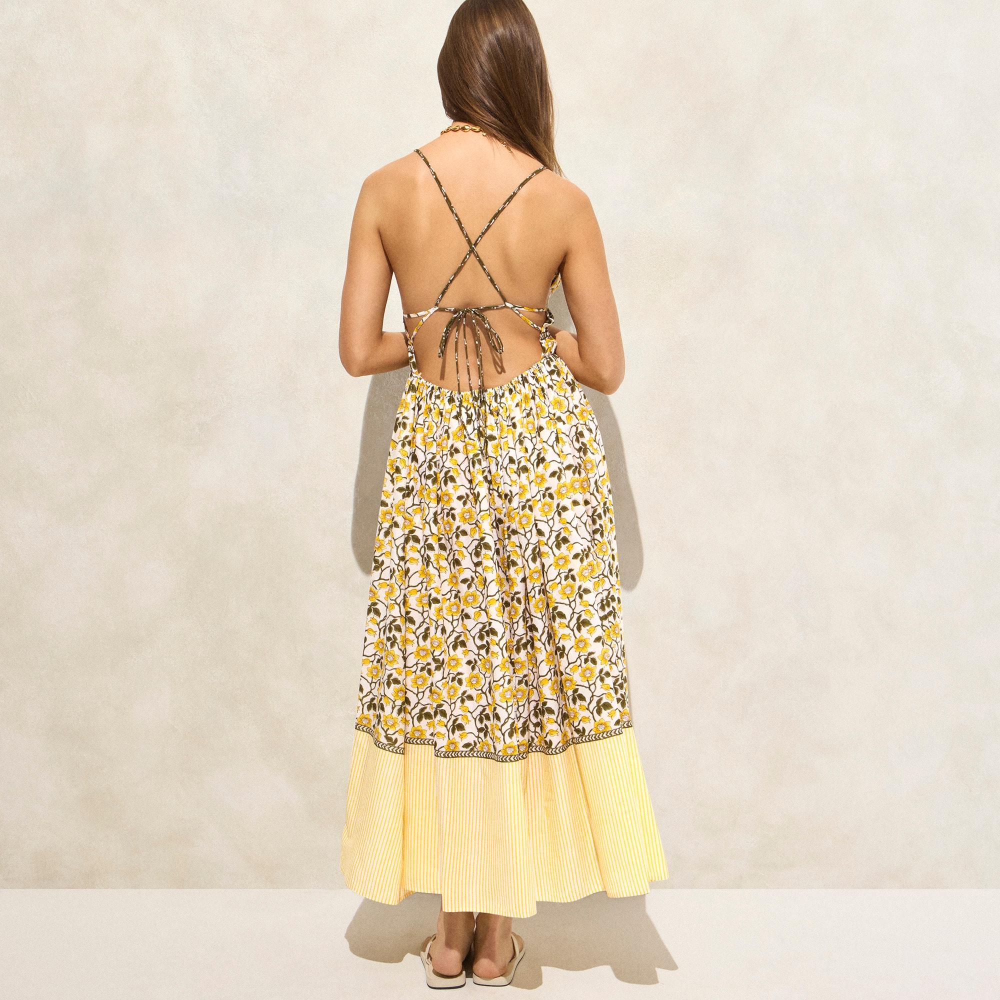 Cotton voile plunge maxi dress in daffodil daze block print Product Image