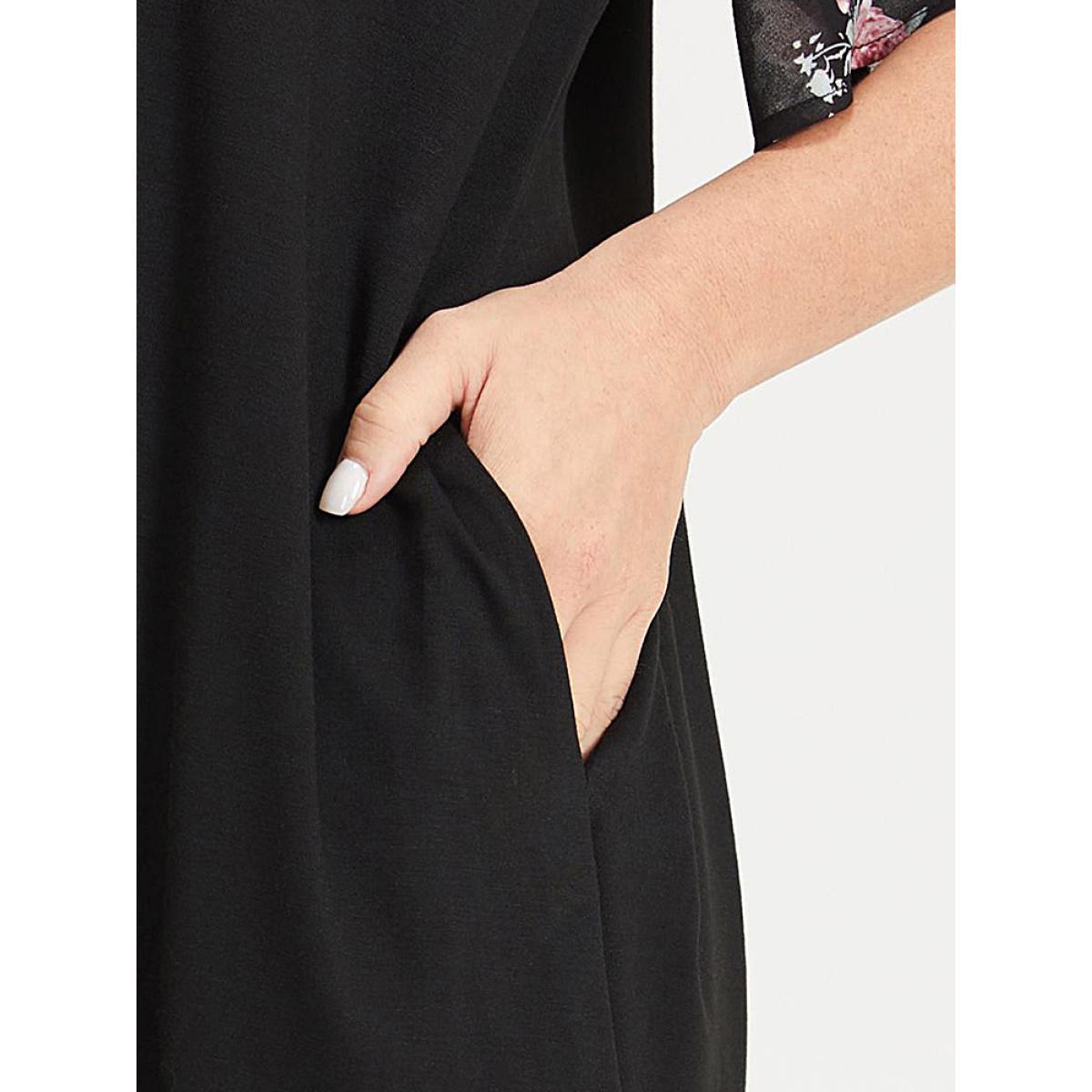 Plus Size Supersoft Essentials Floral Pocket Raglan Sleeve Midi Dress Black Women Casual Plain V-neck Short sleeve Curvy Midi Dress BloomChic 12/L Product Image