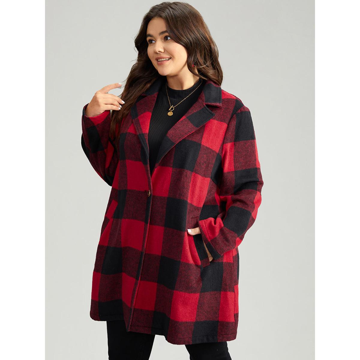 Plus Size Plaid Print Button Down Pocket Tunic Coat Women Crimson Casual Contrast Ladies Dailywear Winter Coats BloomChic 30/6X Product Image