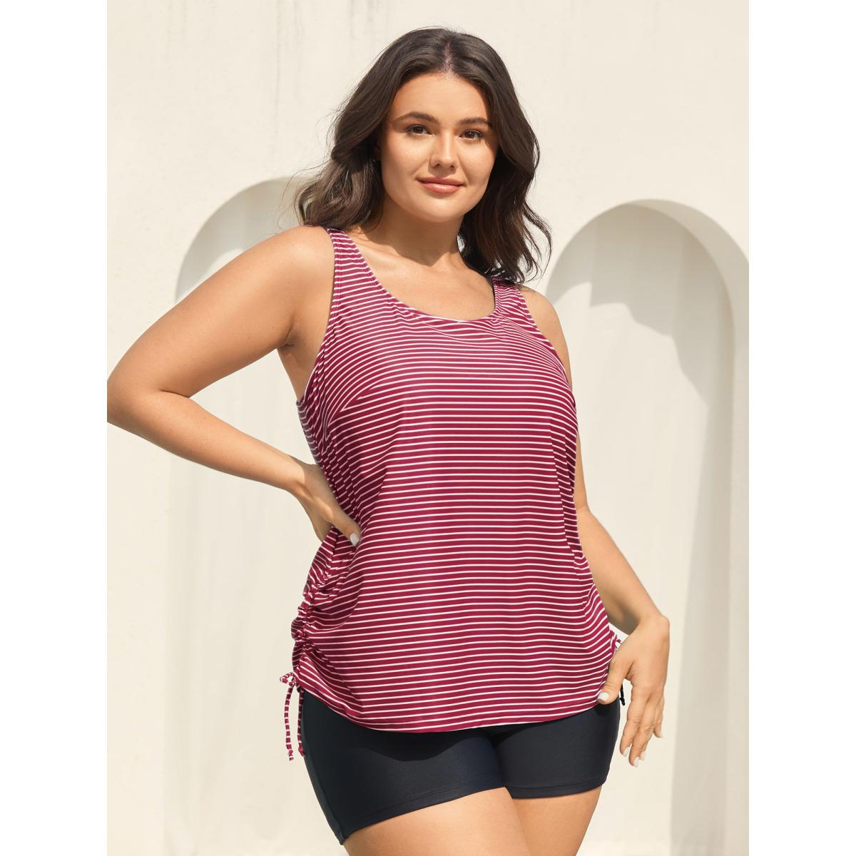 Plus Size Striped Non-Removable Cups Swim Top Women's Swimwear DarkGreen Resort Drawstring High stretch Bodycon U-neck Curve Swim Tops BloomChic 18-20/2X Product Image
