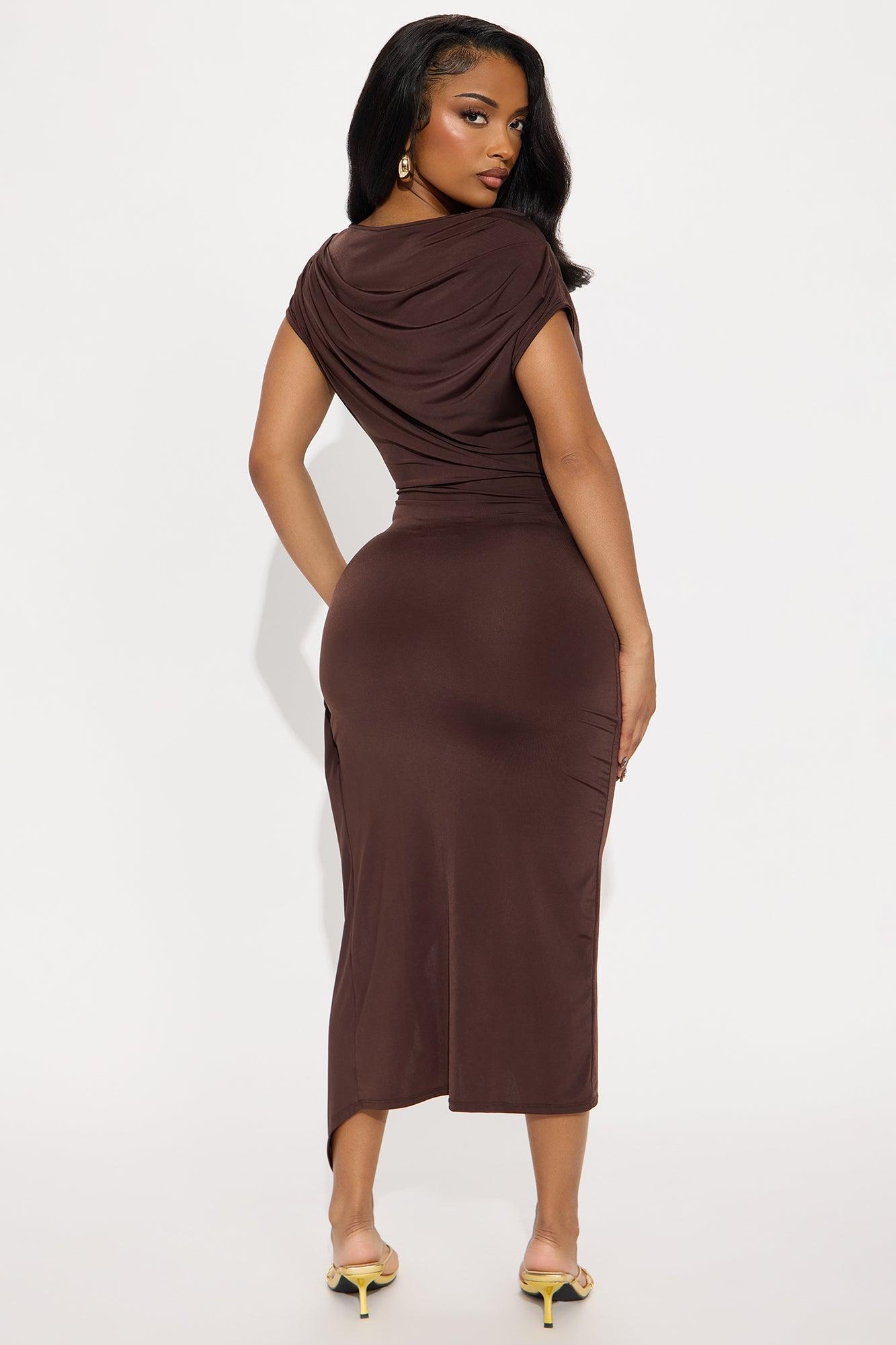 Zavala Off Shoulder Midi Dress - Brown Product Image