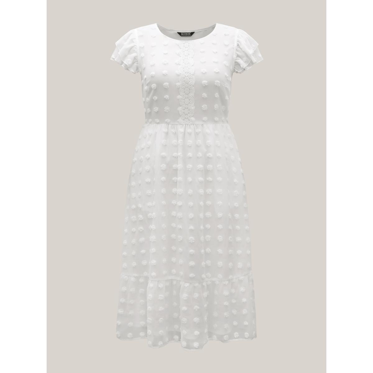 Plus Size Textured Plain Tiered Ruffles Sleeve Dress Originalwhite Women Elegant Woven ribbon&lace trim Round Neck Cap Sleeve Curvy BloomChic 12/L Product Image