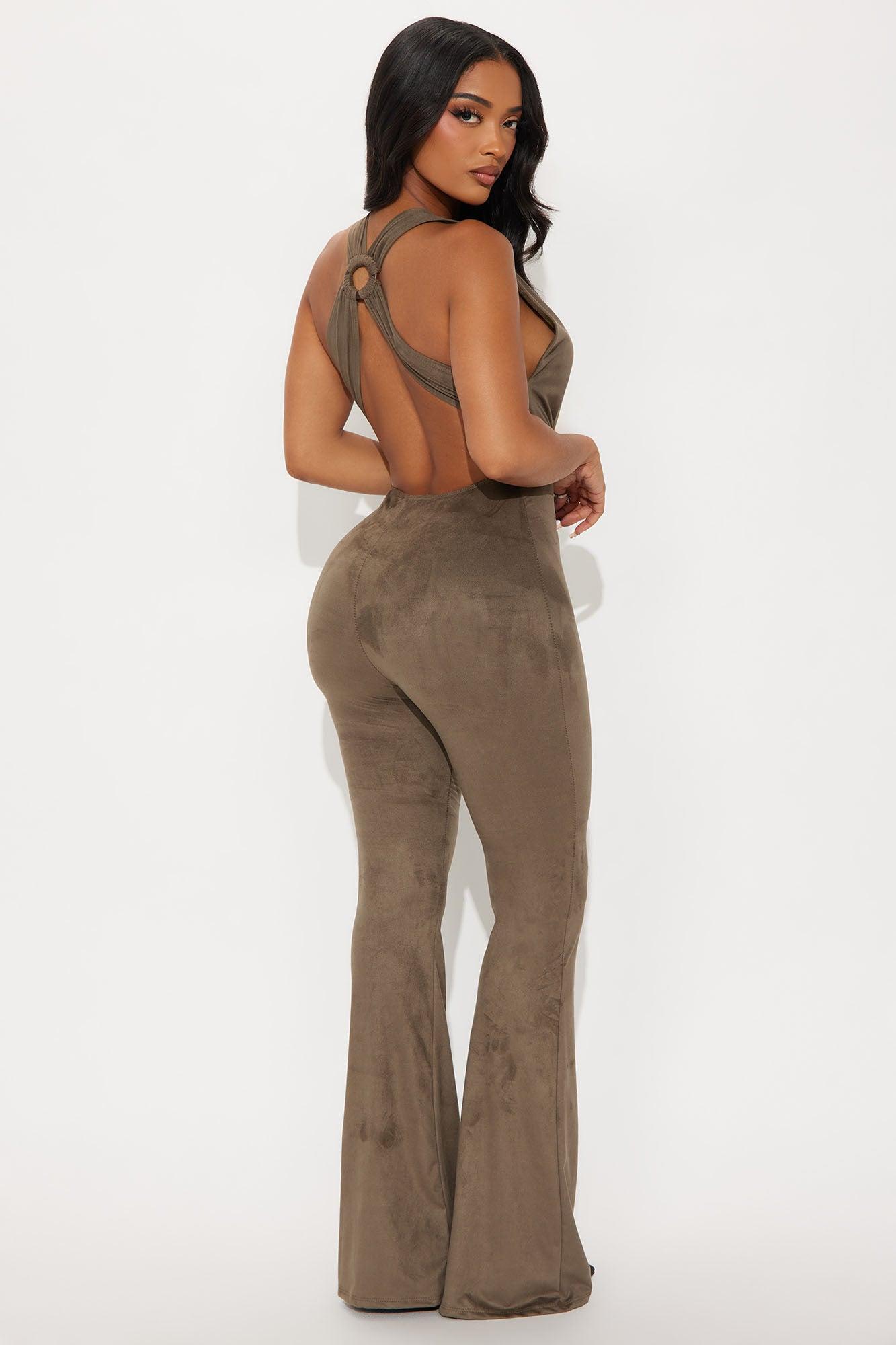 Tempation Faux Suede Flare Jumpsuit - Dark Olive Female Product Image